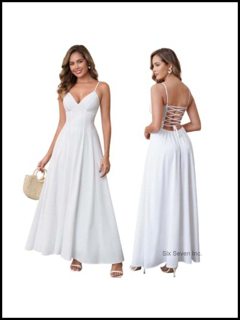 Floral Maxi Dress Spaghetti Strap V Neck Lace Up Back Boho Beach Wedding Guest